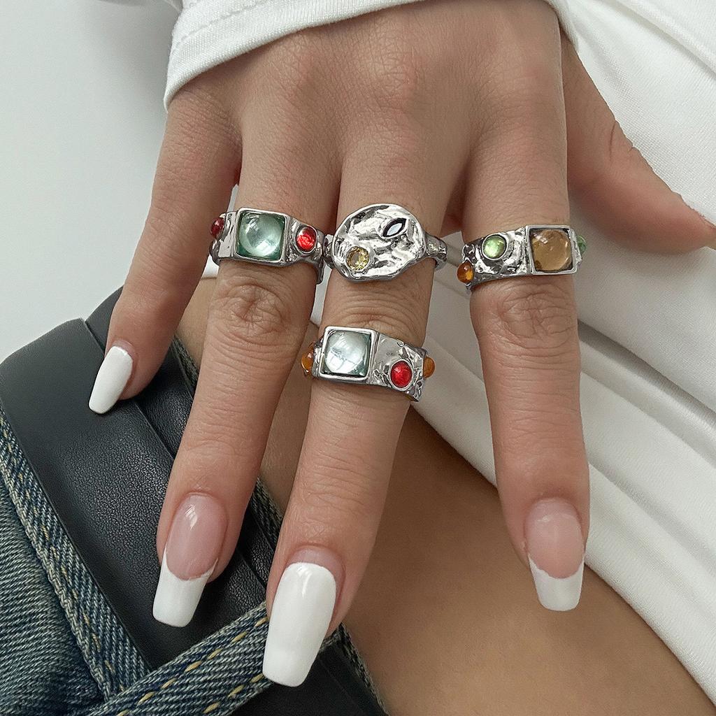 Medieval Liquid Wind Rings Set Joint Ring, Light Luxury Rhinestone Vintage Ring Women