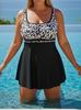 White Leopard Print Plus Size Tankini Set with Skirt for Women – European & American Style