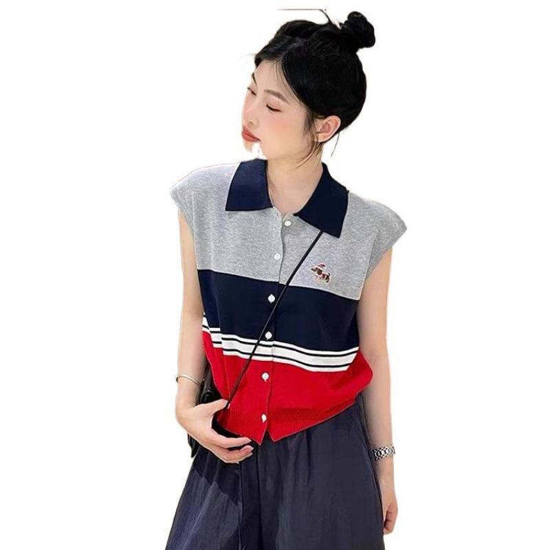 Women's 2025 Polo Collar Contrast Ice Silk Sleeveless Knit Top