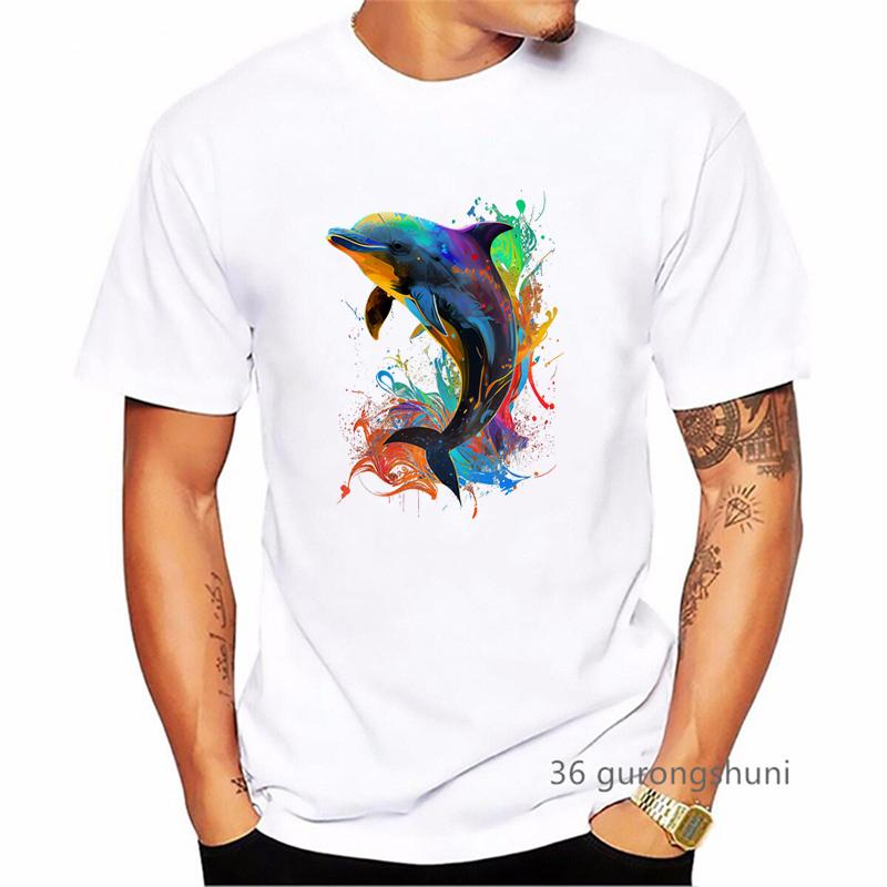 Watercolor Dolphins And Sharks Print T Shirt MenS Clothing Summer Fashion White Tshirt Homme Harajuku Shirt