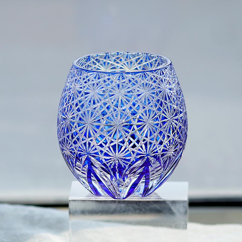 Handmade Edo Kiriko round Curved Rocks Glass Tumbler Colorful Japanese Style Whiskey Glasses with Gift Box for Cocktail Lovers