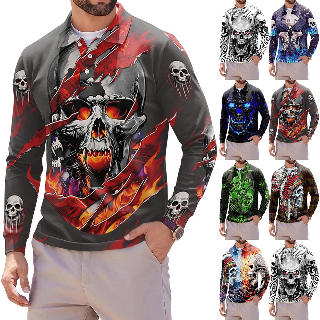 Men's Long Sleeve Mesh Shirt with Collar and Halloween Print Lightweight Breathable Top for Fall
