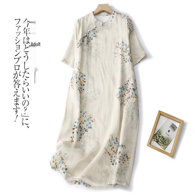 

Summer Slimming Cotton Linen Qipao Dress with Print and Stand Collar for Women Large