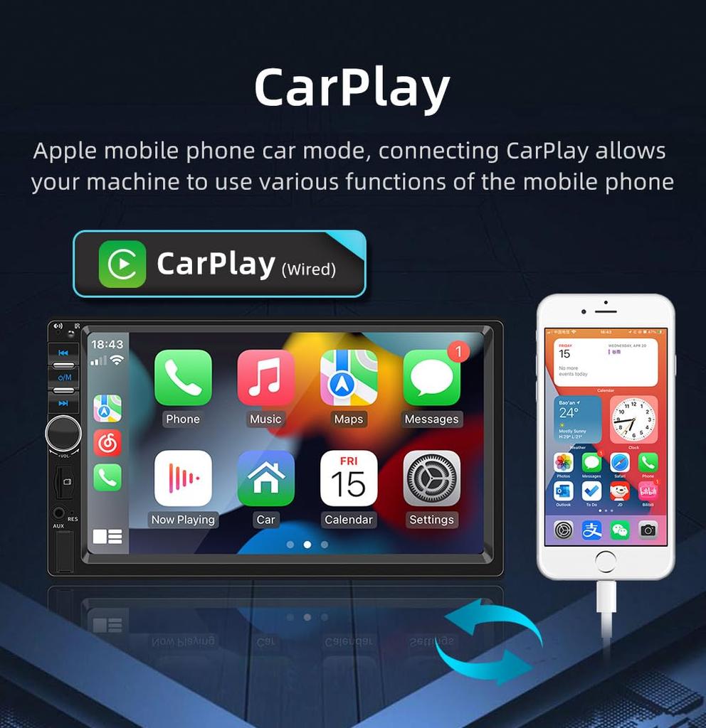 7-inch 2-Din CarPlay & Android Auto HD Car Radio MP5 Touchscreen Mirror Link Audio Stereo Bluetooth TF/SD/AUX/USB Port Car Radio + Remote Control + Re