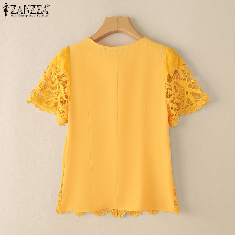 ZANZEA Dame Sommer V-hals Hul Heklet Spleis Kort Ermet Casual Bluse