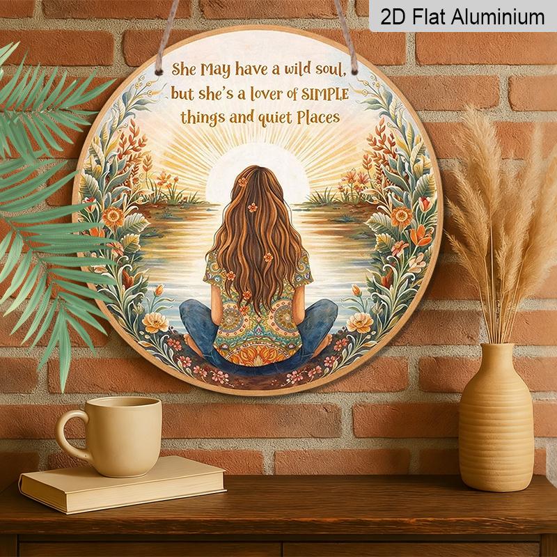 2D Flat, 1pc Round Aluminum Sign | Bohemian Women And Nature Vintage Plaque With Inspirational Quote "She May Have A Wild Soul, But She Loves Easy