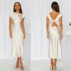 2026 Summer Womens Sexy Dress Elegant Solid Satin Swinging Neck Short Sleeve Dress Back Twisted Hollow Mid Length Dresses 28311