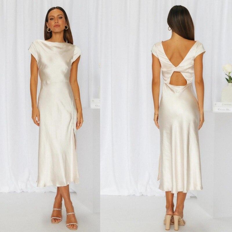 2026 Summer Womens Sexy Dress Elegant Solid Satin Swinging Neck Short Sleeve Dress Back Twisted Hollow Mid Length Dresses 28311