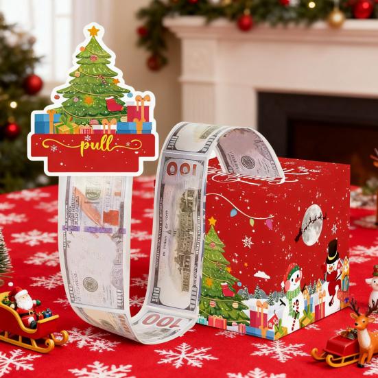 Christmas Money Box Pull-out Cash Gift Box DIY Holiday Money Gift Box with Transparent Bags Christmas Money Holder Pull Box for Kids Adults
