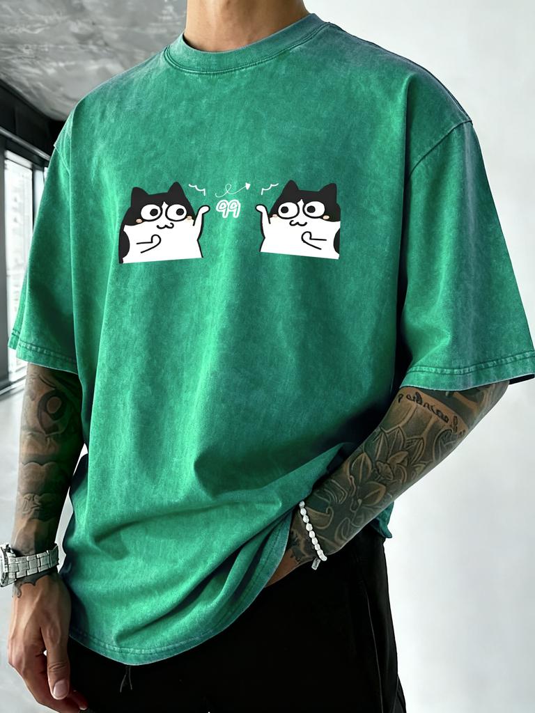 Cute Cartoon Cats Print Men Washed TShirts Cotton Vacation T Shirt Loose Soft Short Sleeves Summer Crewneck Man Streetwear