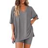 Damen V-Ausschnitt Kurzarm Oversize Oberteil Elastische Taille Taschenshorts Loungewear Schlafanzug Set Lässiges Zweiteiliges Outfit