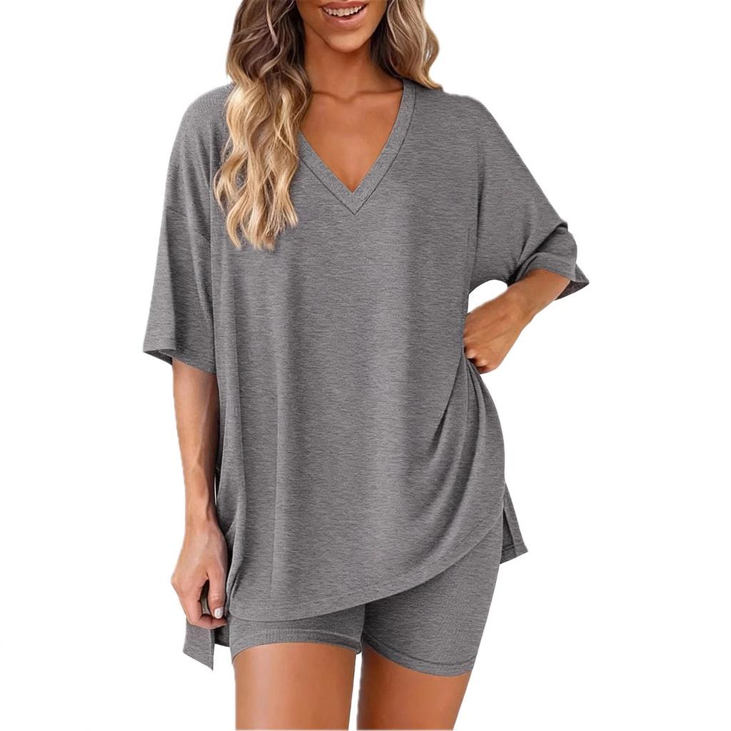 Damen V-Ausschnitt Kurzarm Oversize Oberteil Elastische Taille Taschenshorts Loungewear Schlafanzug Set Lässiges Zweiteiliges Outfit
