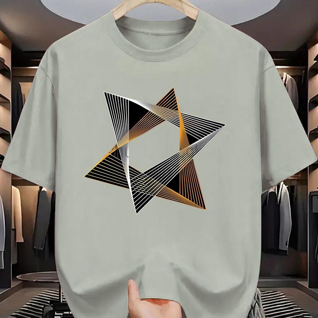 Geometric Star Print Mens Cotton TShirt Casual Short Sleeve Breathable Crew Neck Graphic Tee