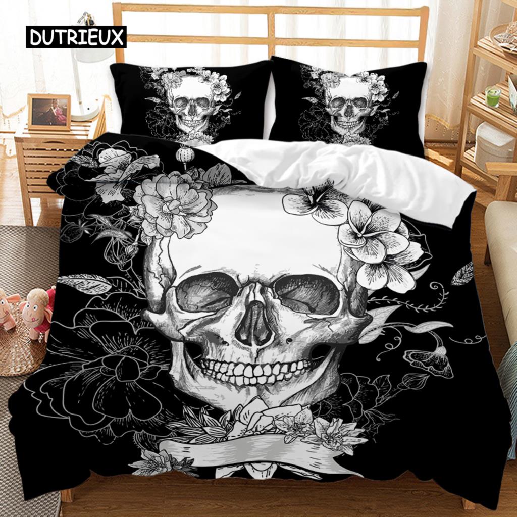Skull Duvet Cover Set Rose Floral Twin Bedding Set Printed Valentine's Day Halloween Skull Gothic Skeleton Polyester Qulit Cover