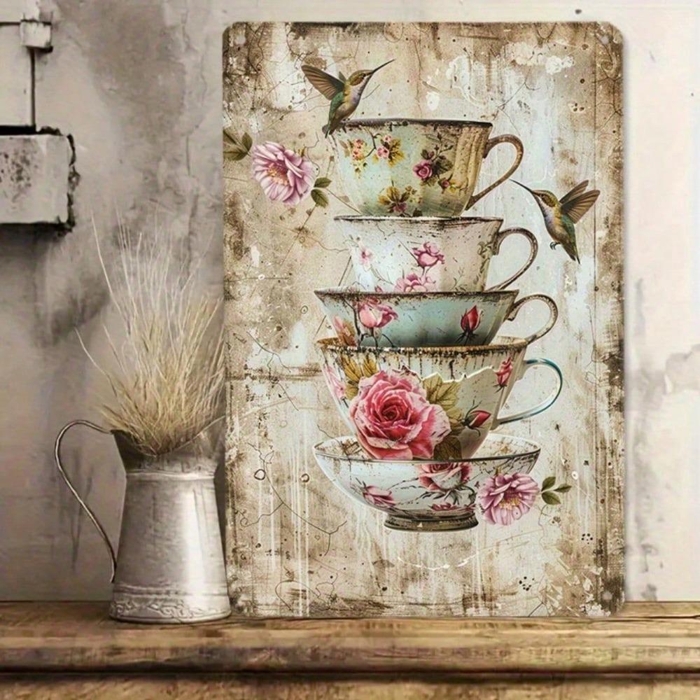 Route 66 Vintage Metal Sign Rustic Floral Teapots Butterflies Wall Art Non-Fading Durable Decor