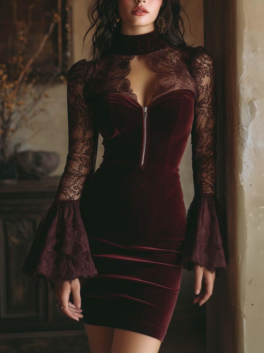 European and American new sexy lace perspective long-sleeved skirt temperament V-neck lace splicing waist-wrapped hip dress XS вино красного
