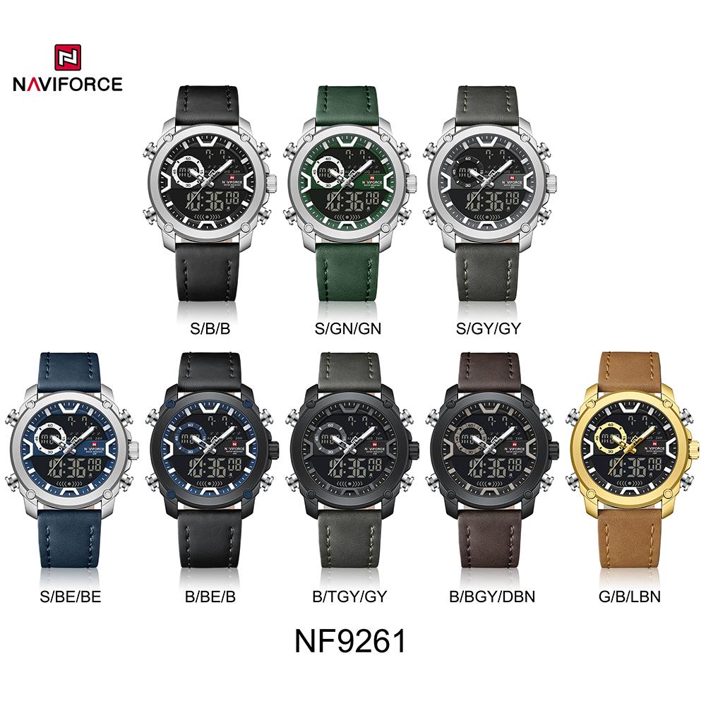 NAVIFORCE Original Men Quartz LCD Digital Watch Leather Strap Waterproof Luminous Pointer Calendar Date Men Boys Casual Watch NF9261