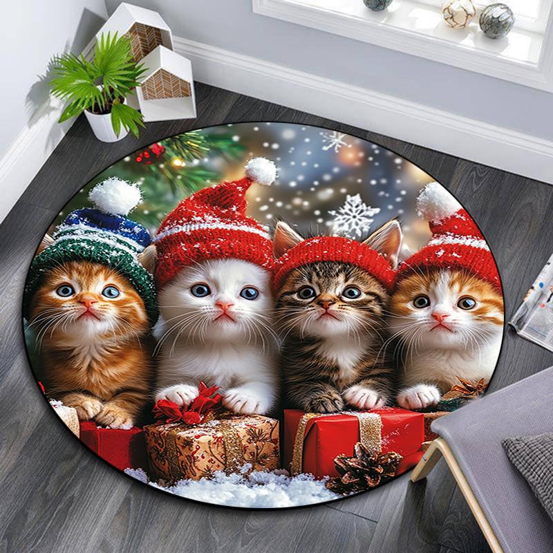 Christmas Kittens Round Area Rug,Carpet Rug for Living Room Bedroom Sofa Playroom Decor,Non-slip Floor Mat