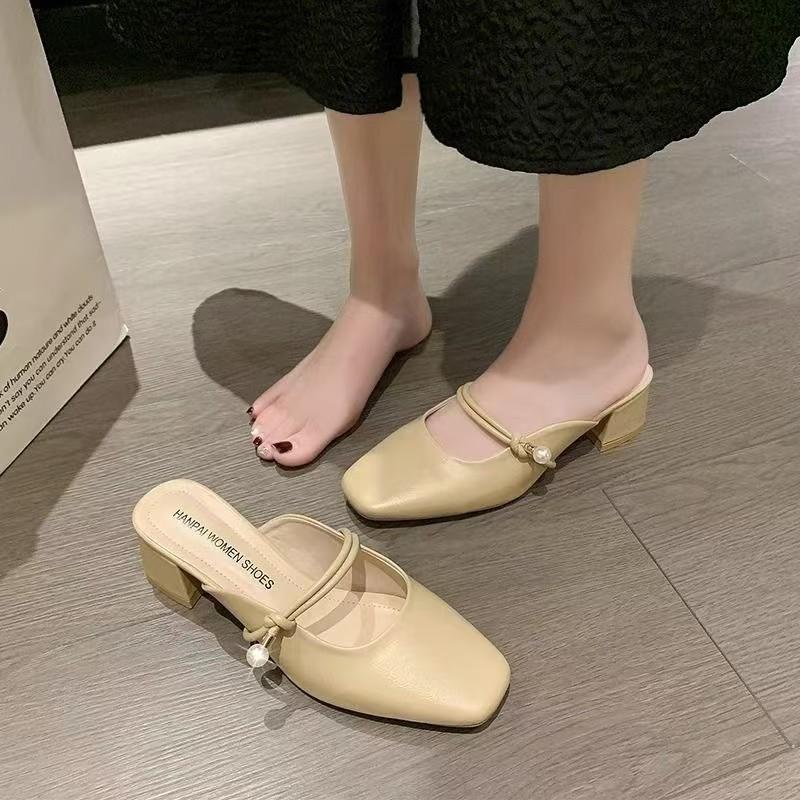 

Тапочки женские осенние для улицы, темпераментные, на толстом каблуке, с закрытым носком, полусабо, модные, в стиле ретро, юбка, белые босоножки на высоком каблуке 35 хаки