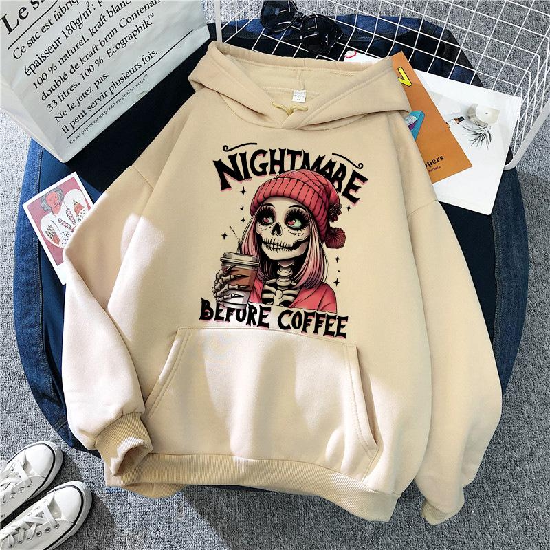 Slogan Nightmare Before Coffe Graphic Sweatshirt Unisex Fall Winter Hoody Y2k Clothing Women's Skeleton Halloween Pocket Hoodies