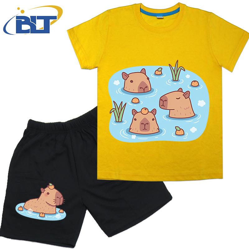 Cute Capybaras Chilling In Hot Spring With Oranges Print Kids T-shirt Set Summer Cotton Short-sleeved Shorts 2-piece Set