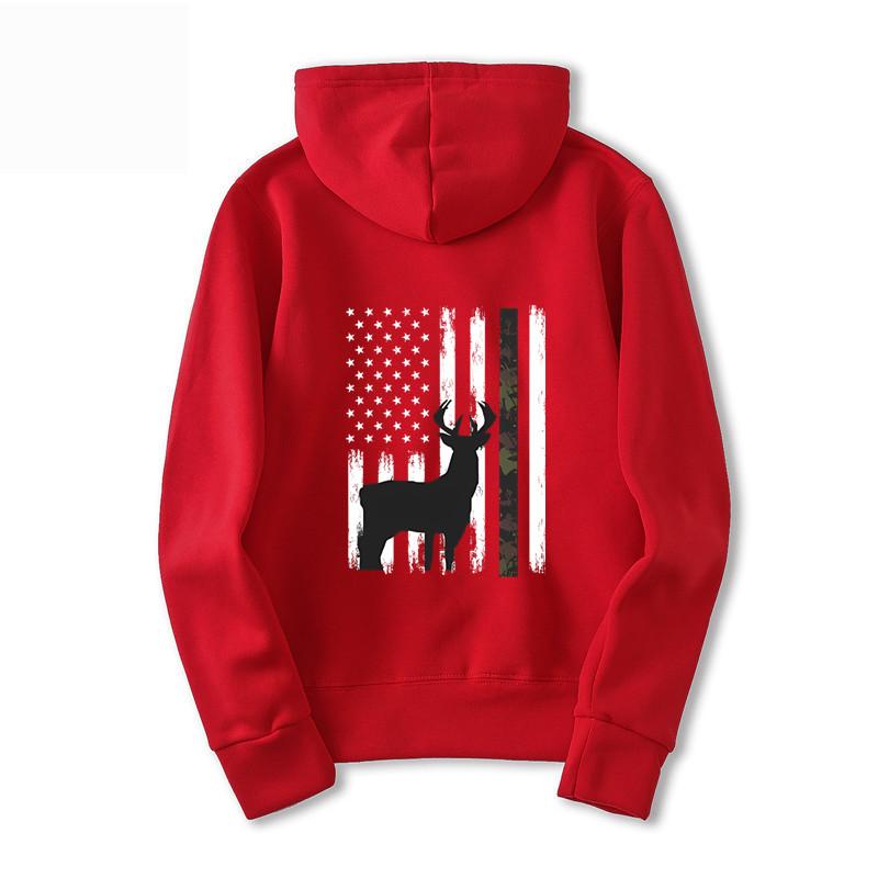 White Tailed Deer Hunting Hunter Gift Bucks Camouflage American Flag Pullover Men's Back Printed Fashionable Casual Hoodie