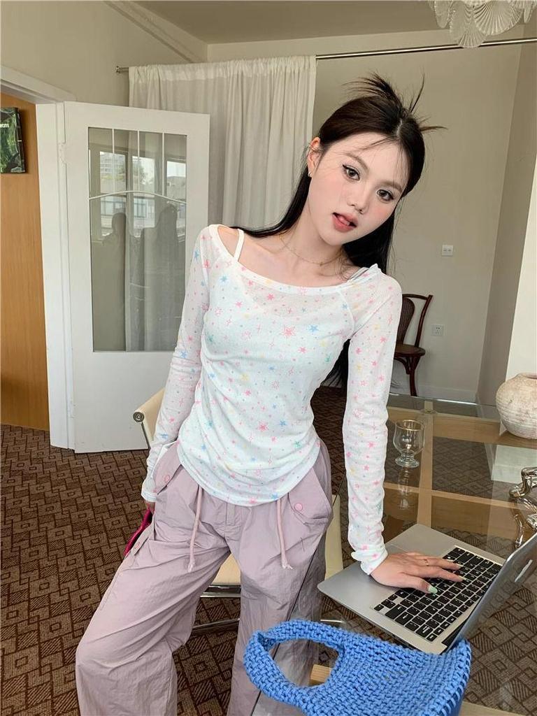American Hot Girl One-Shoulder Long Sleeve Sun Protection Casual Top - Women's Spring/Summer Slim Fit Trend