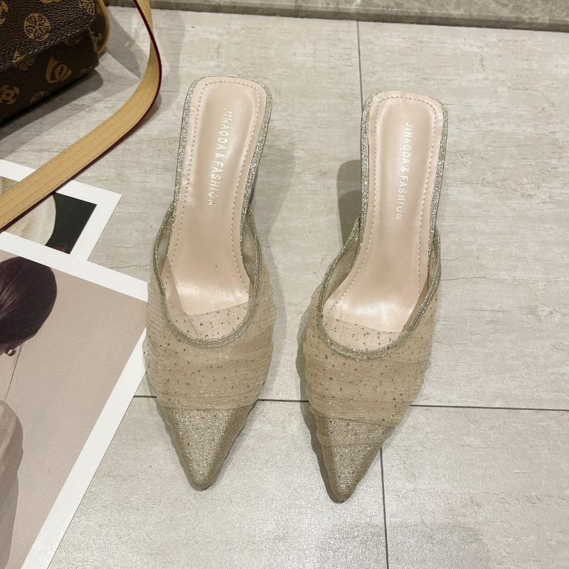 Mode Sandales Baotou Mode Femme Automne Nouveau Tête Pointue Bouche Peu Profonde Strass Dentelle Tempérament Talons Hauts