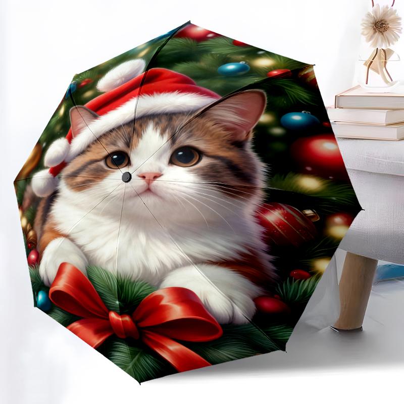1 pièce Parapluie Automatique Robuste à 8 Baleines, Parapluie Chat de Noël, Impression Numérique, Parapluie Pliable pour Utilisation Extérieure en Déplacement