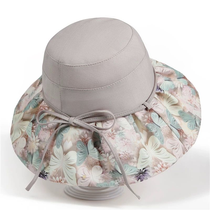 Summer Travel Big Brimmed Fisherman Hat, Women's Printed Bow Sun Hat Face Covering Beach Hat Sun Hat UV Protection