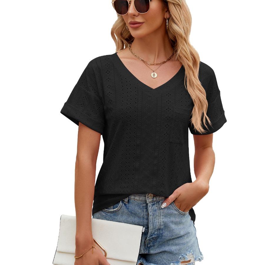 Frühling Sommer Einfarbig Bluse Mode Tasche V-ausschnitt Lose Kurzarm Top für Frauen