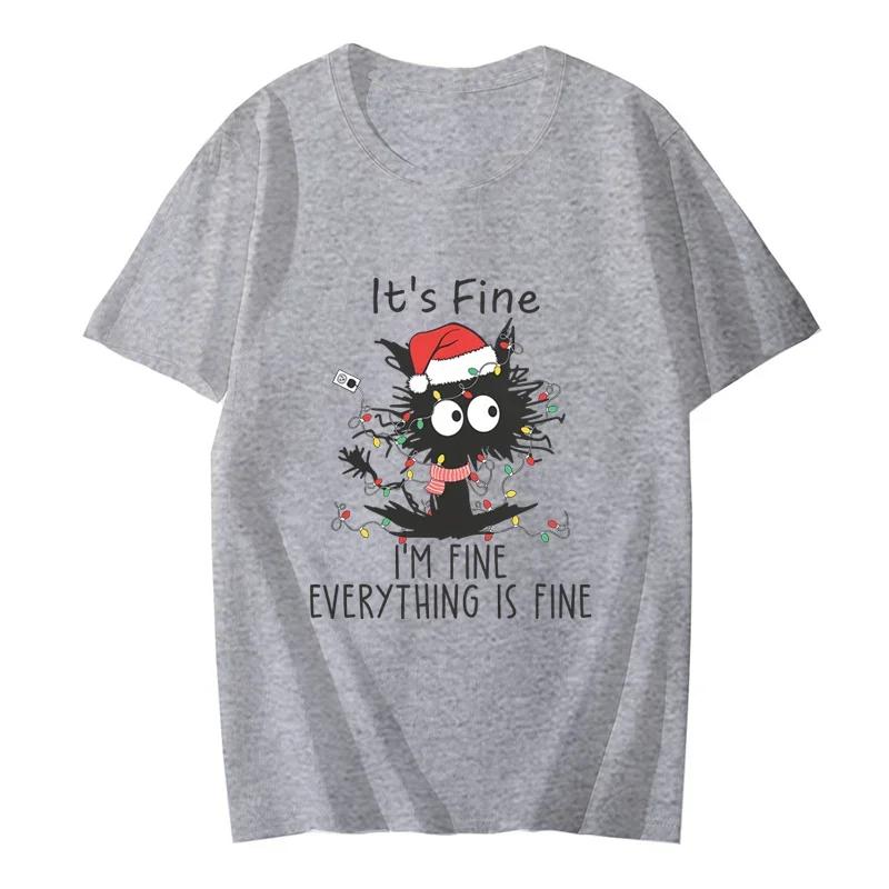 Its Fine I'm Fine Everything Is Fine Black Cat T-shirts Women Men Sweetshirts Christmas Lights Merry Christmas Harajuku Tee Tops