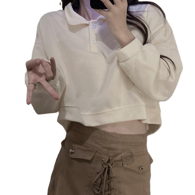 Fall Wear Preppy Polo Neck Hoodie For Women Simple Solid Color Loose And Versatile Short Crop Top