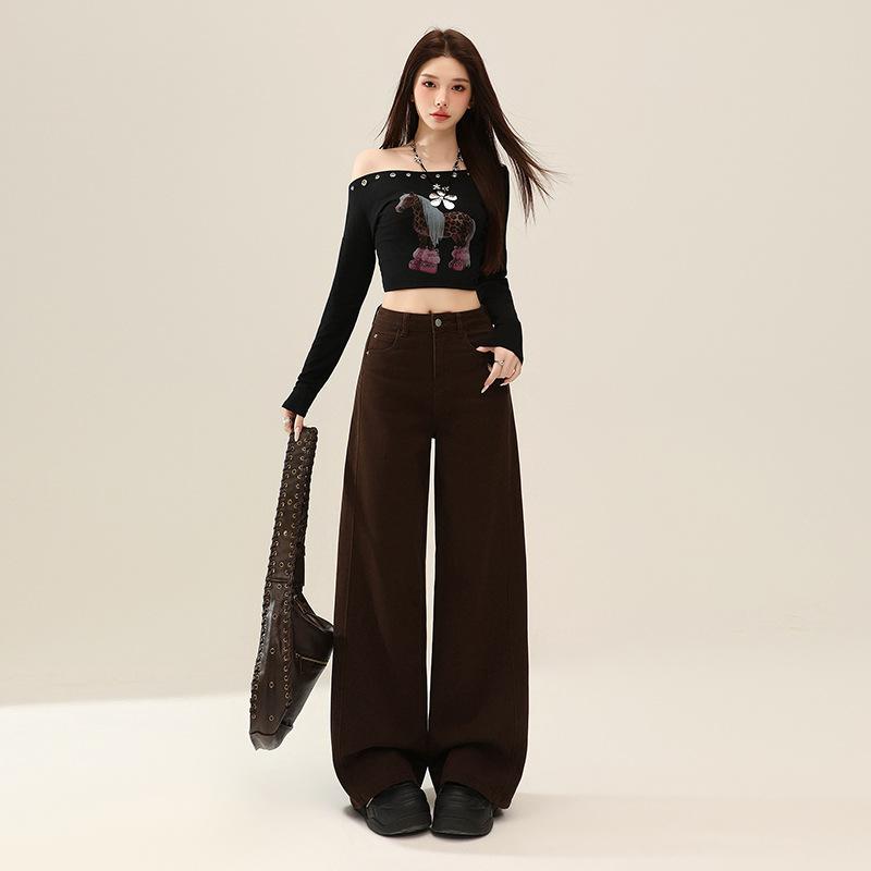 Retro blue wide-leg jeans women's autumn new straight loose high-waisted elastic and thin floor-mopping pants