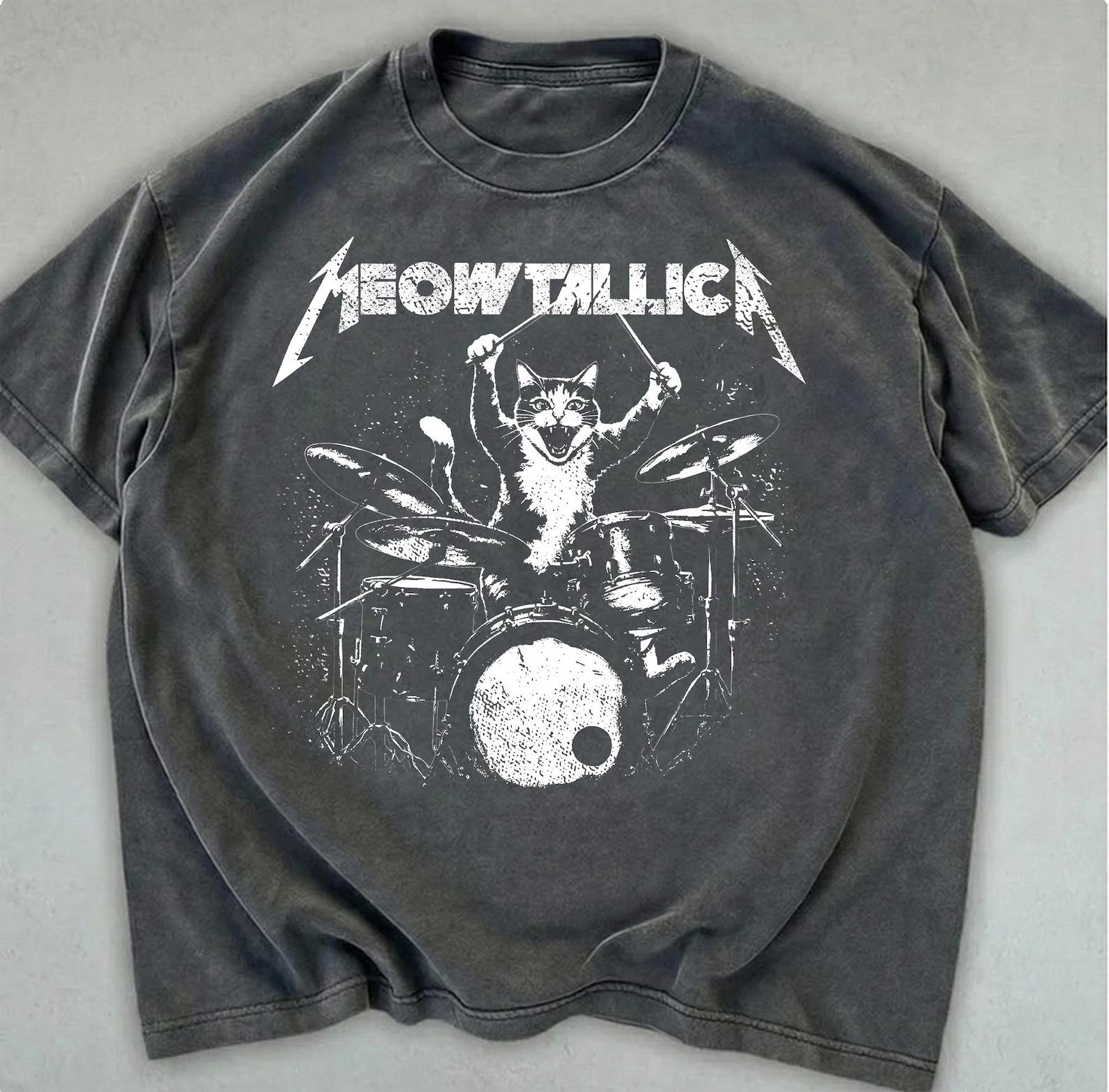 Meowtallica Cat Drummer T-Shirt, Funny Meme Shirt, Vintage 90s Graphic Tee 3XL