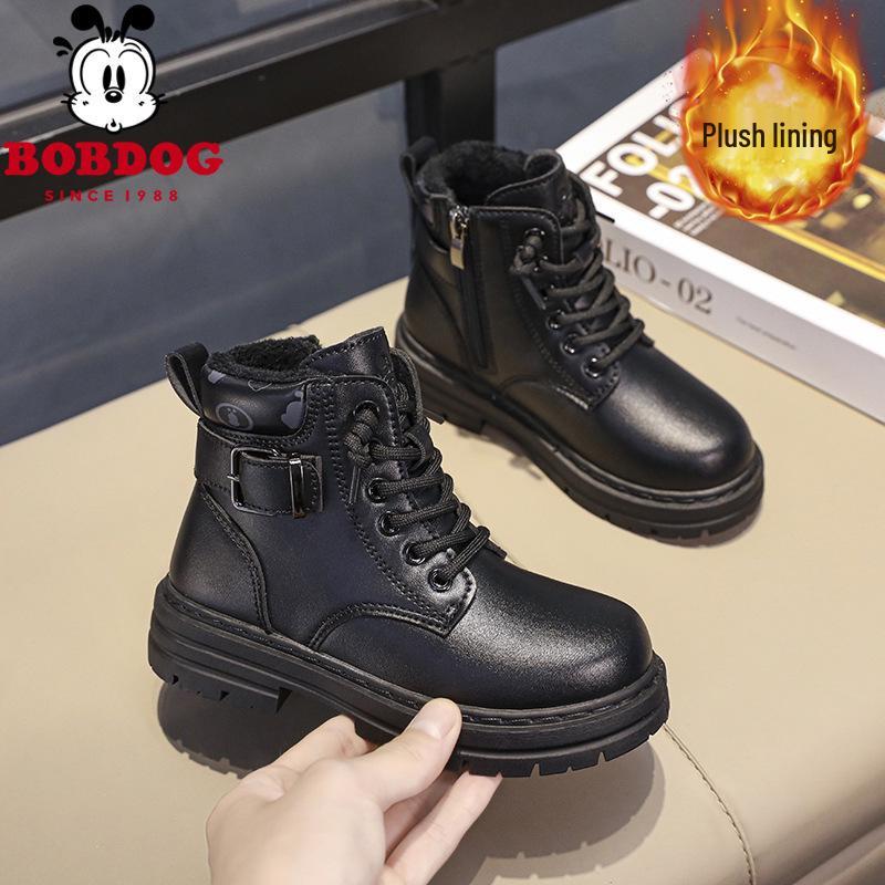 Bobodou 2024 Winter Kids Leather Martin Boots - Boys and Girls Velvet-Lined, Thick Cotton Short Boots 28