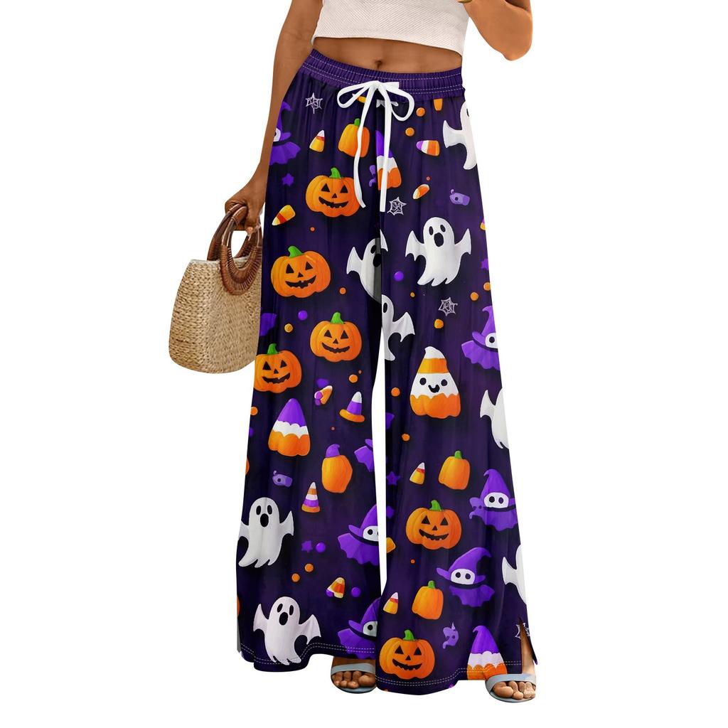 Women Summer Boho Palazzo Pants High Waist Wide Leg Halloween Printing Casual Trousers With Pockets