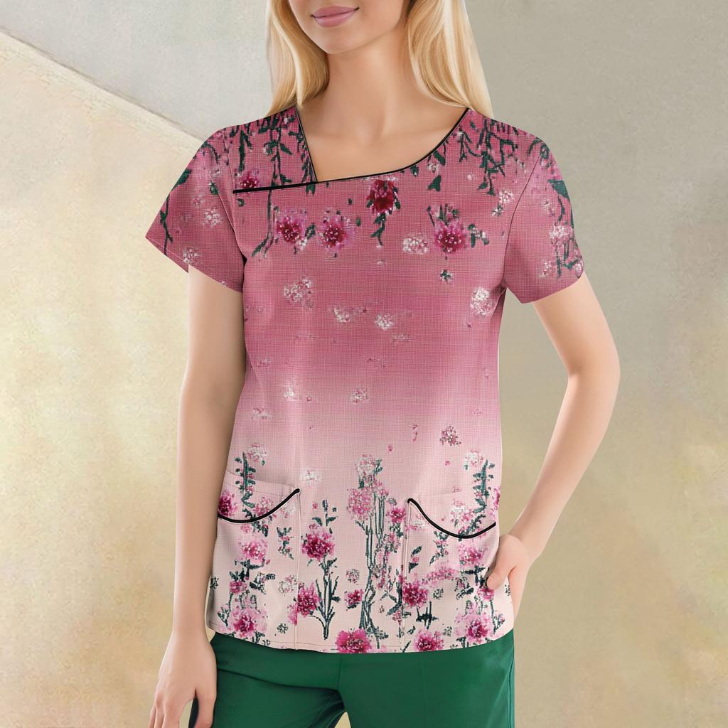 Women's Casual  Print Short Sleeve Sloping Collar Workwear Top With Double Pockets