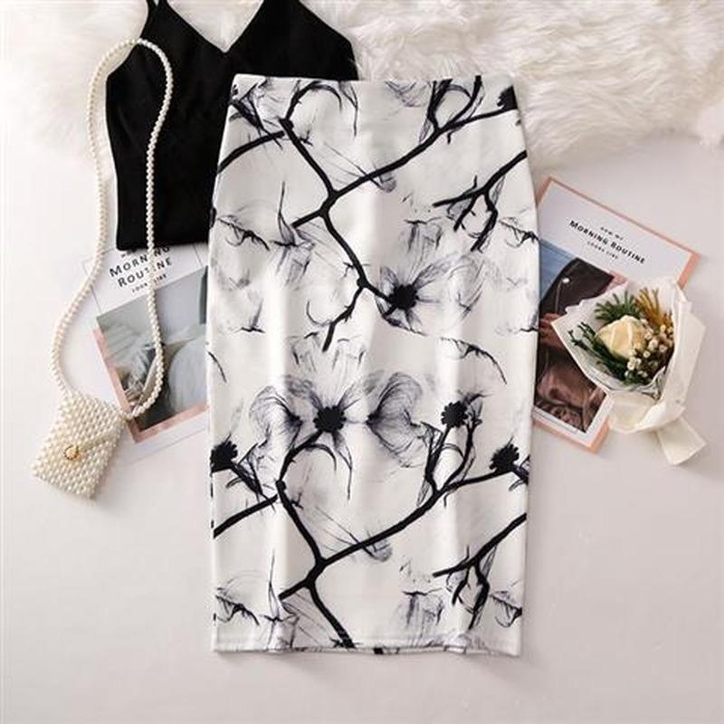 Summer Print Elegant Pencil Skirt Women  High Waist Knee Length Skirt Female