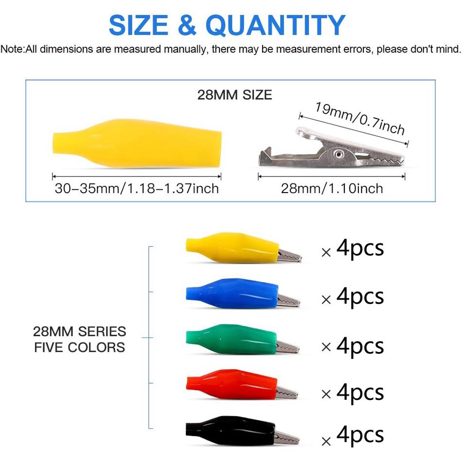 20Pcs 1.1''/28mm Alligator Clips Crocodile Electrical Test Clamps Jumper Helper Color Protective Insulation Cover for Laboratory