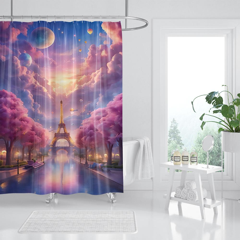 Waterproof Fabric 3D Shower Curtain Bathroom Curtain Pink Tree Landscape Polyester Bath Curtain Decorate With Hooks Cortina