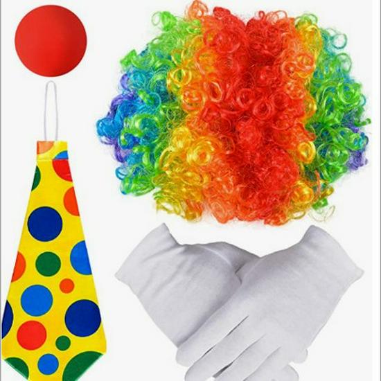 Colorful Clown Polka Dot Costume Set with Nose, Hat, Wig, Bow Tie, and Magic Props.