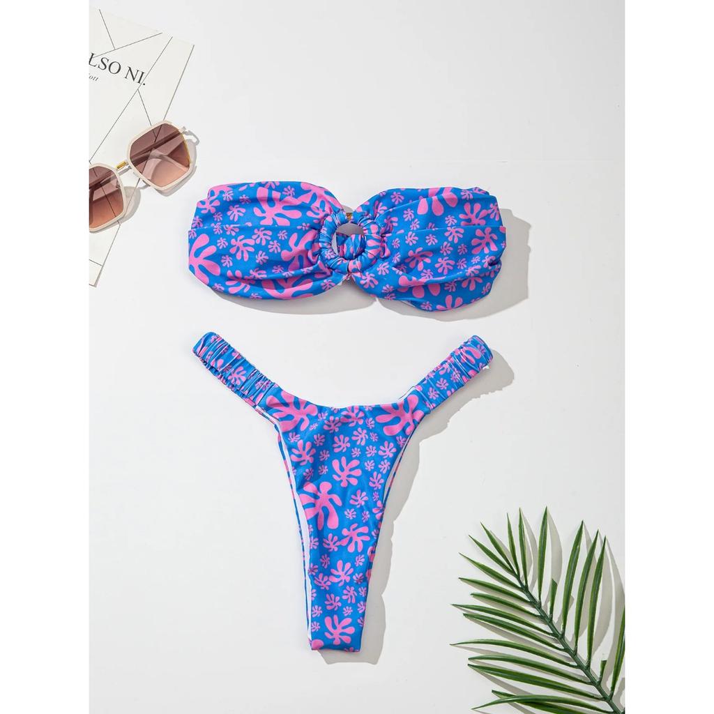 2024 Női Bikini Kétrészes Stílusos Szexi Nyári Bandeau Gyűrűs Mintás Acél Pántos Bugyi Strand Fürdőruha Új Push Up Bikini