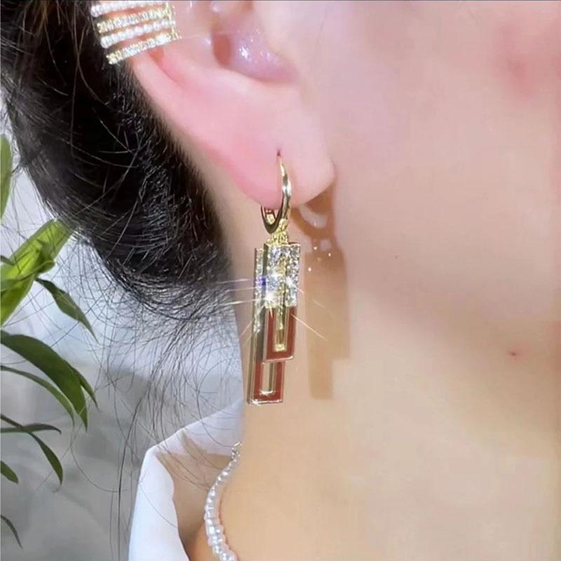 Unique Design, Retro Geometric Color Blocked Rectangular Pendant, Ear Buckle, Red Glazed Earrings