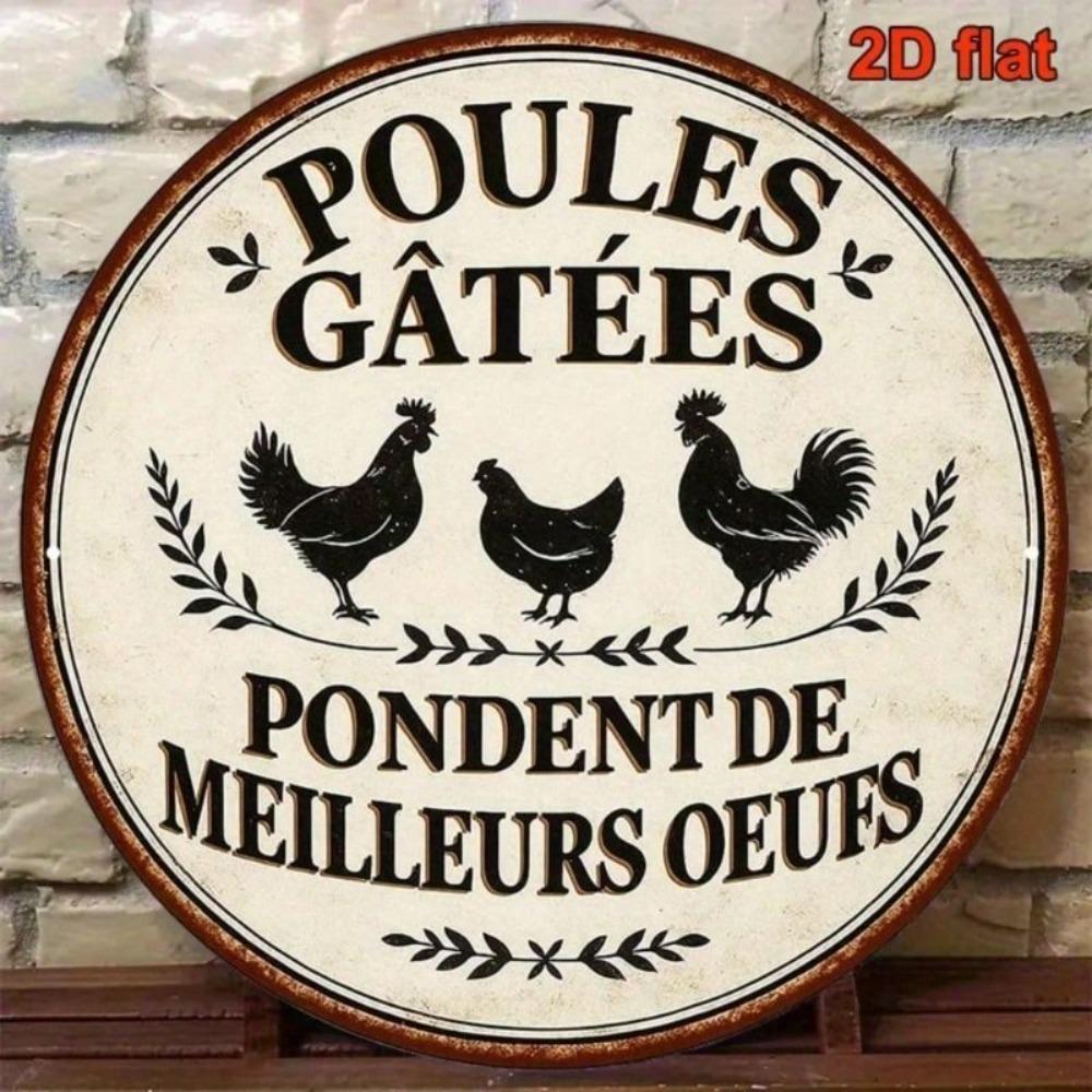 Vintage Round Metal Sign Happy Chickens Kitchen Decor
