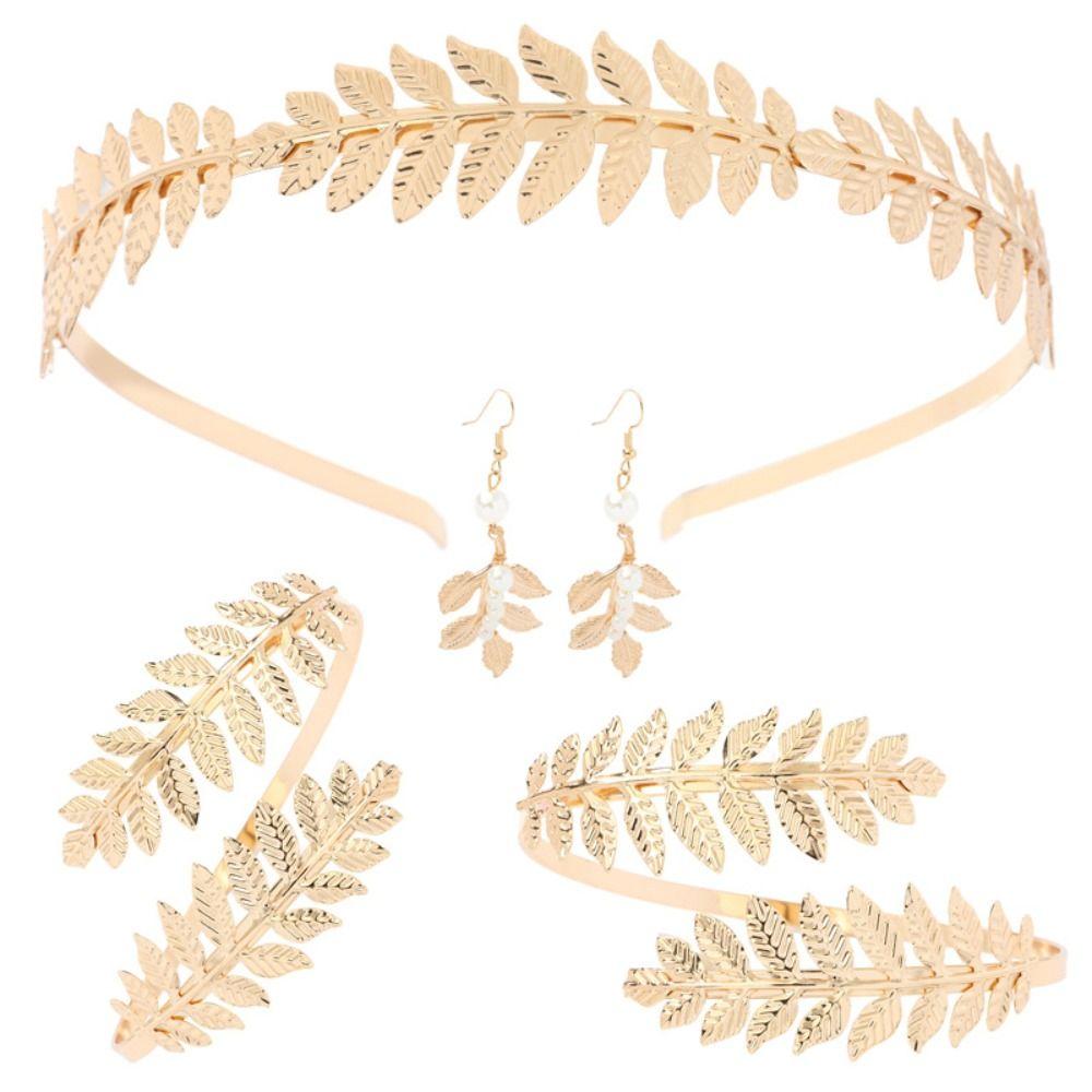 Pente de Cabelo Dourado Folhas Douradas para Noiva Pulseira de Braço Coroa de Folhas de Louro Conjunto de Joias de Deusa Festa Temática