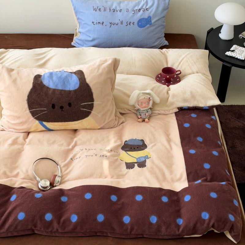 Ins Style Winter Milk Fleece Cute Cartoon Bedding Set Warm Soft Bed Sheet Duvet Cover