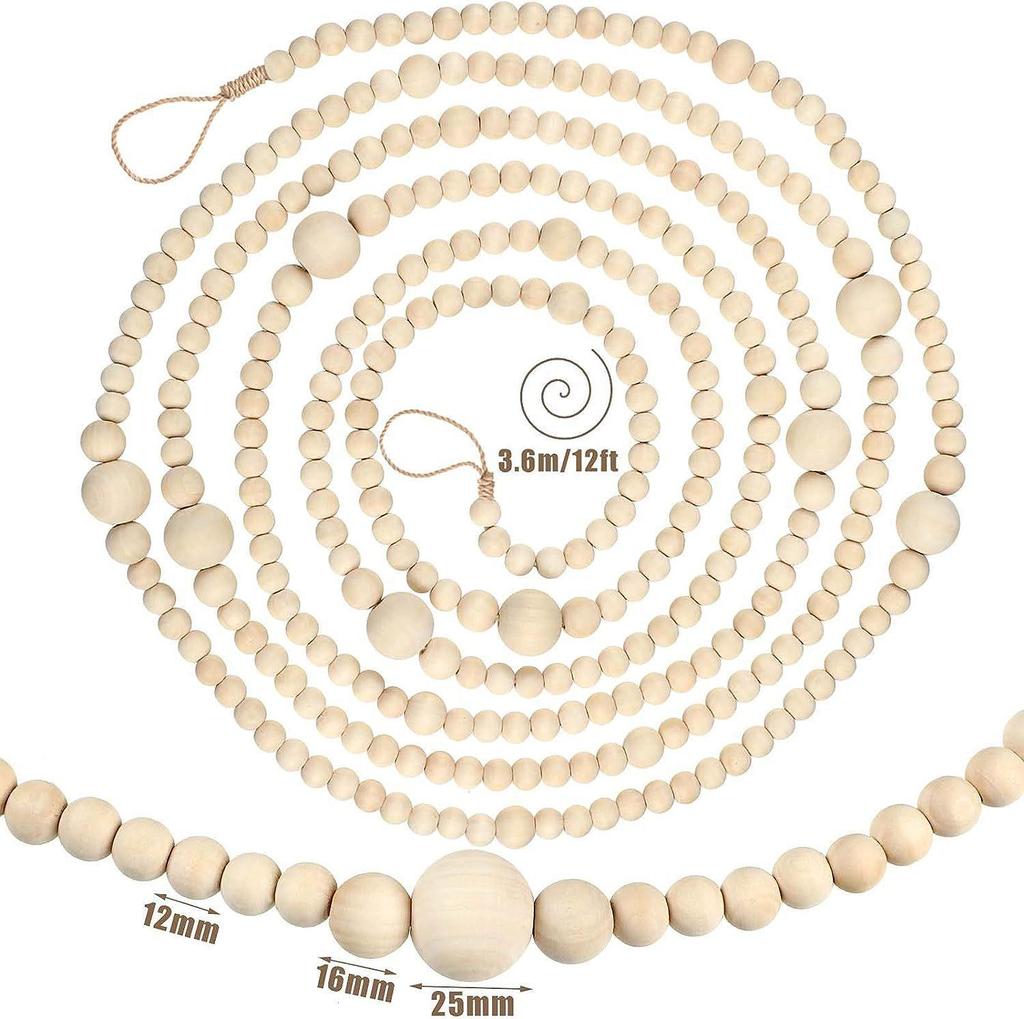 Extra Long Nordic 3.6m Wooden Bead Garland for Christmas Tree and Fireplace Decoration