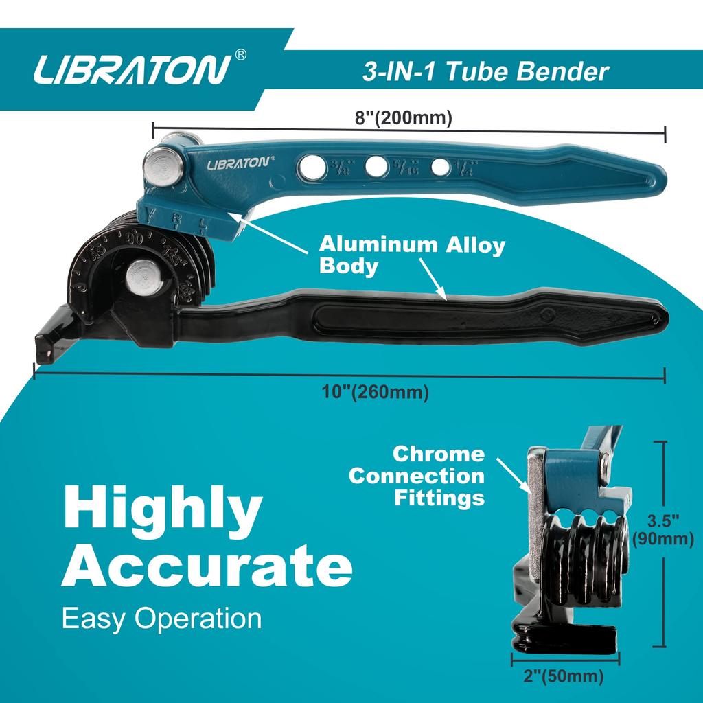 LIBRATON Rohrbieger, Kupferrohrbieger für 1/4", 5/16" und 3/8" Weichmetallrohre, 180-Grad-Biegungen, Klimaanlagen-Sanitärwerkzeug für Kupfer, Messing