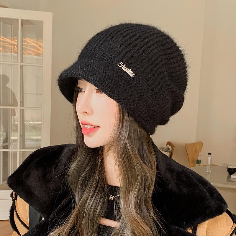 New Hat Women's Winter Knitted Face Small Autumn and Winter Rabbit Fur Warm and Thickened Piled Wool Hat